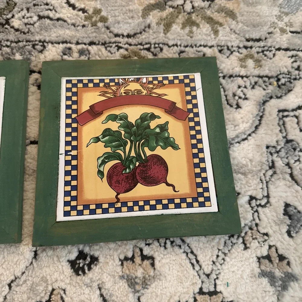 Vintage Vegetables And Sun Decor Wall Art 90s Plaques Ceramic Wood 6.5